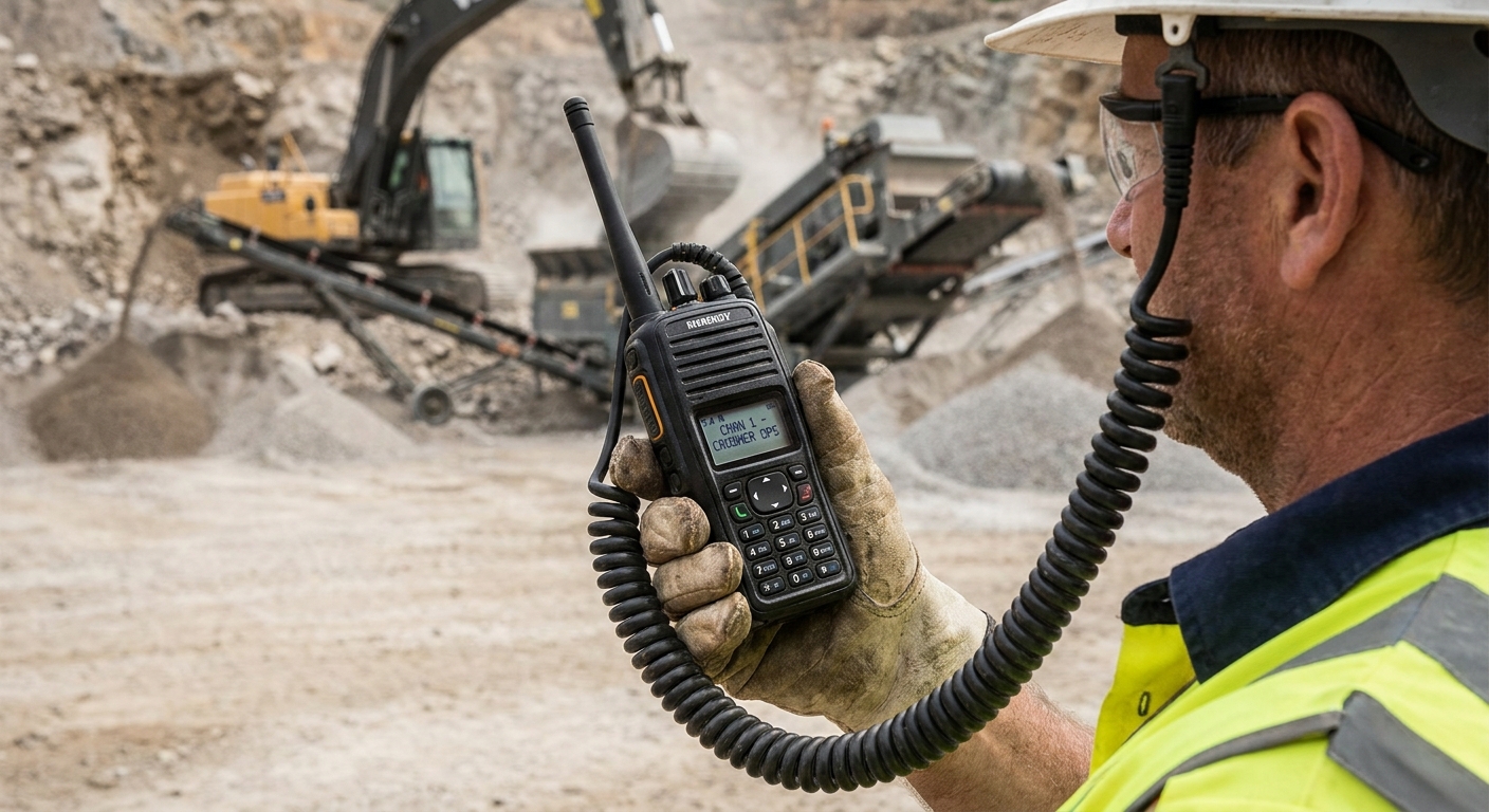 Two-way radio systems in use at a rock quarry site with heavy equipment and workers communicating for safety and efficiency