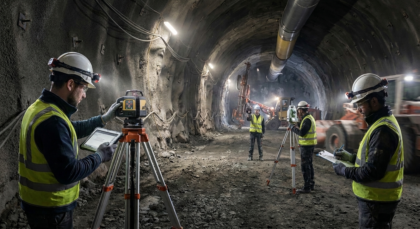 Tunnel crew using laser alignment tools efficiently for precise underground construction